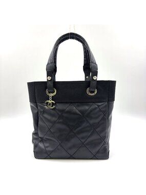 Chanel Paris Biarritz PM Leather Canvas Tote Bag Silver